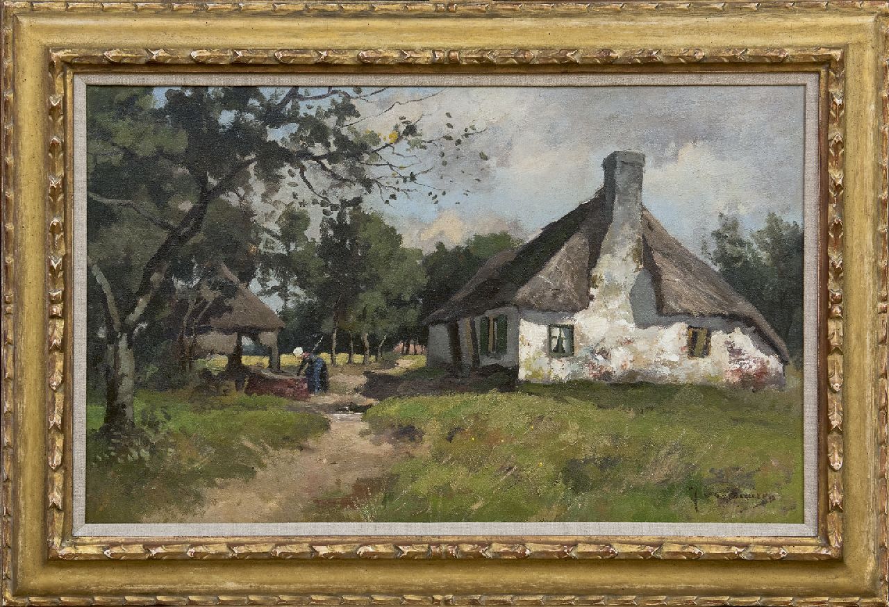 Vuuren J. van | Jan van Vuuren, Veluws zoomhuisje (locomotiefhuisje) met boerin aan het werk, olieverf op doek 42,3 x 67,8 cm, gesigneerd rechtsonder