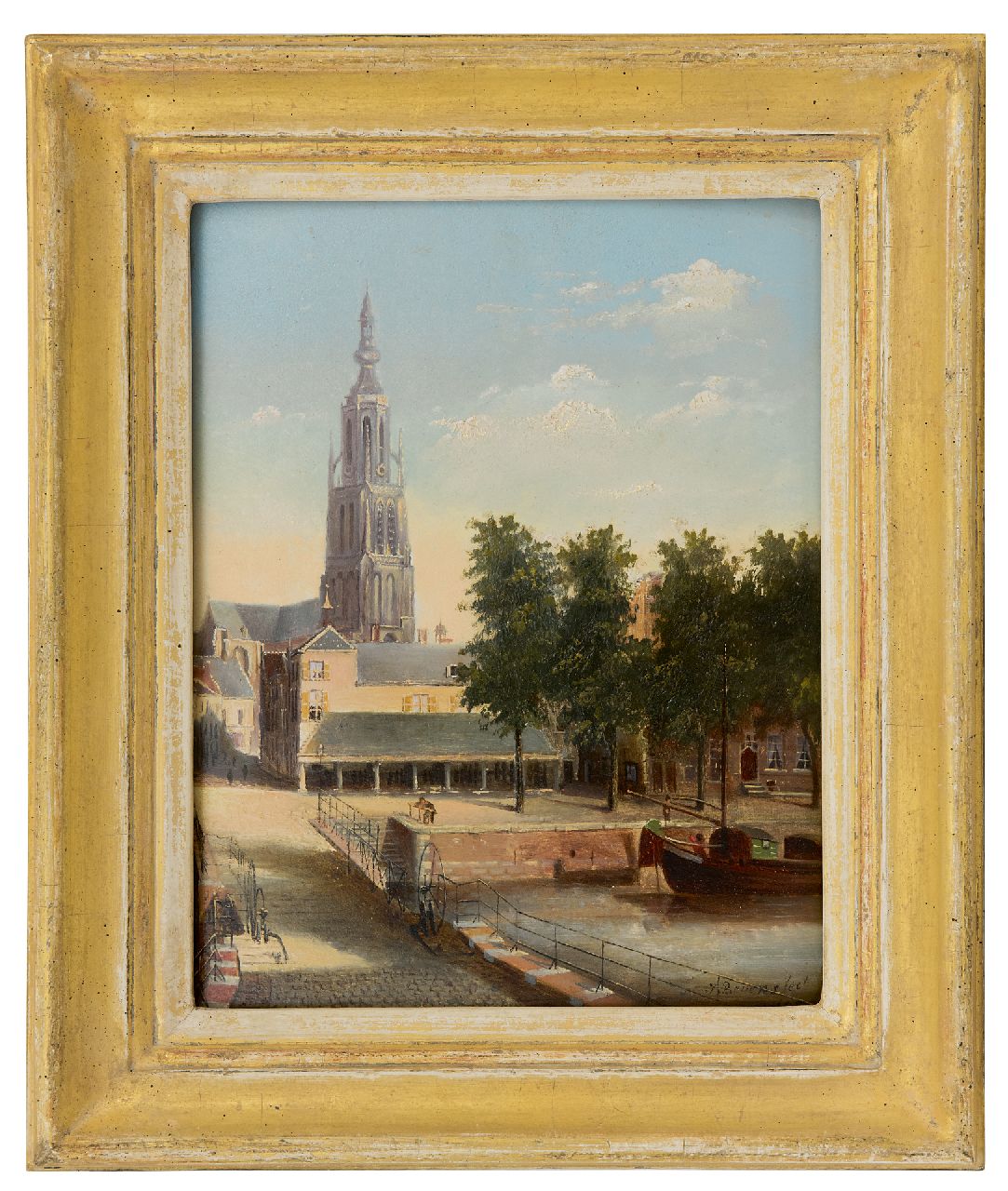 Beyens J.  | J. Beyens | Schilderijen te koop aangeboden | Gezicht op de Hoge Brug, de de vismarkt bij haven en de Grote Kerk in Breda, olieverf op paneel 22,9 x 18,0 cm, gesigneerd rechtsonder en gedateerd 1882