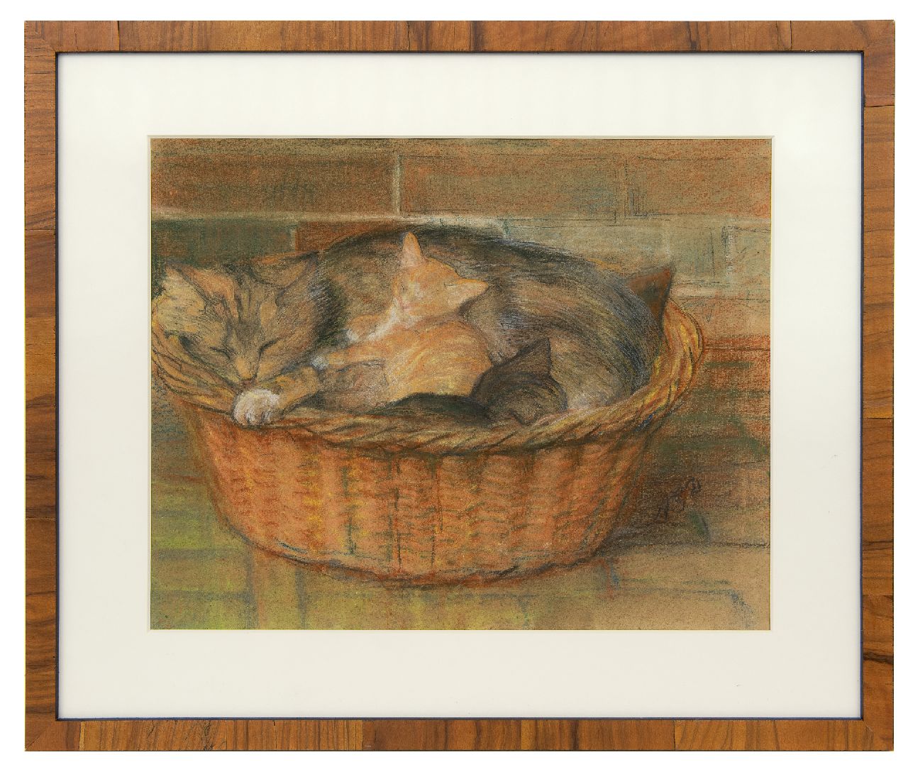 Dyserinck A.G.  | Adrienne Gertrude 'Attie' Dyserinck, Moederkat met kittens in een mand, pastel op papier 31,9 x 40,0 cm, gesigneerd rechtsonder met initialen
