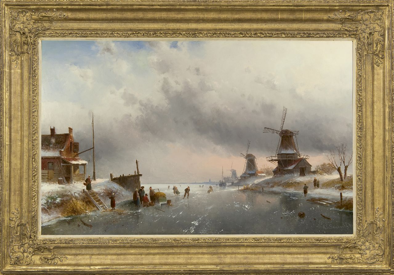 Leickert C.H.J.  | 'Charles' Henri Joseph Leickert, Winterlandschap met figuren op een bevroren rivier, olieverf op doek 61,9 x 100,2 cm, gesigneerd rechtsonder en gedateerd '81