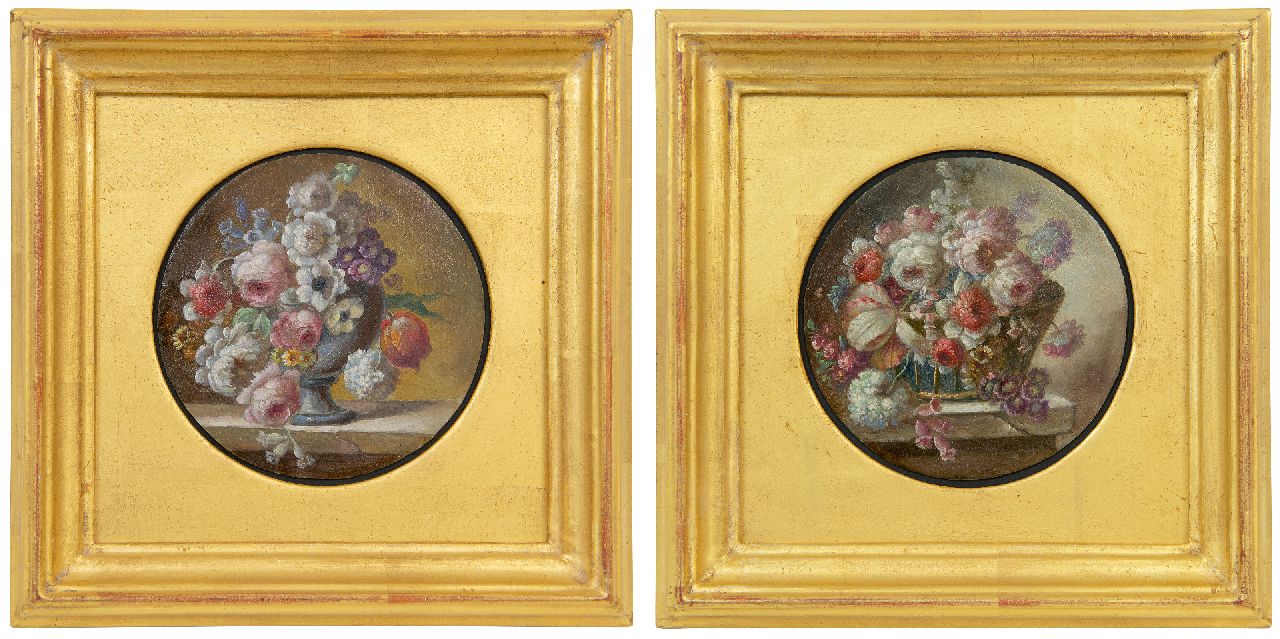 Spaendonck (omgeving van) C. van | Cornelis van Spaendonck (omgeving van) | Schilderijen te koop aangeboden | Miniaturen van koolrozen in een mand (2), olieverf op koper 8,6 cm