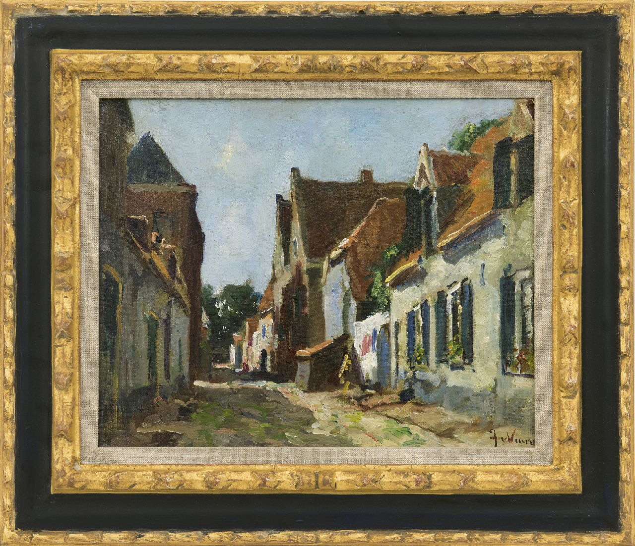 Vuuren J. van | Jan van Vuuren | Schilderijen te koop aangeboden | Zonnig straatje in Elburg, olieverf op doek 24,0 x 29,8 cm, gesigneerd rechtsonder