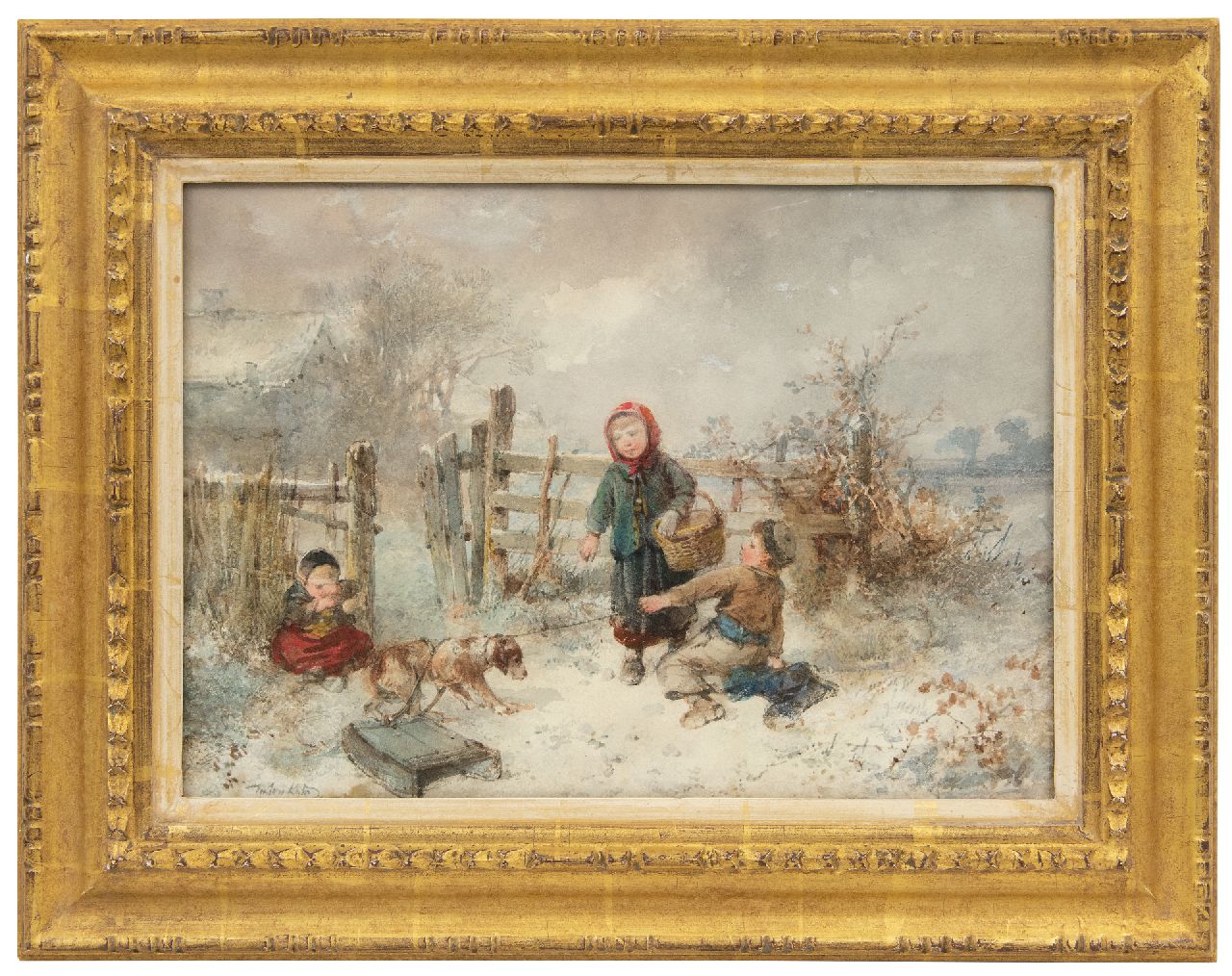 Kate J.M.H. ten | Johan 'Mari' Henri ten Kate | Aquarellen en tekeningen te koop aangeboden | Kinderen spelend in de sneeuw, aquarel op papier 25,7 x 35,9 cm, gesigneerd linksonder