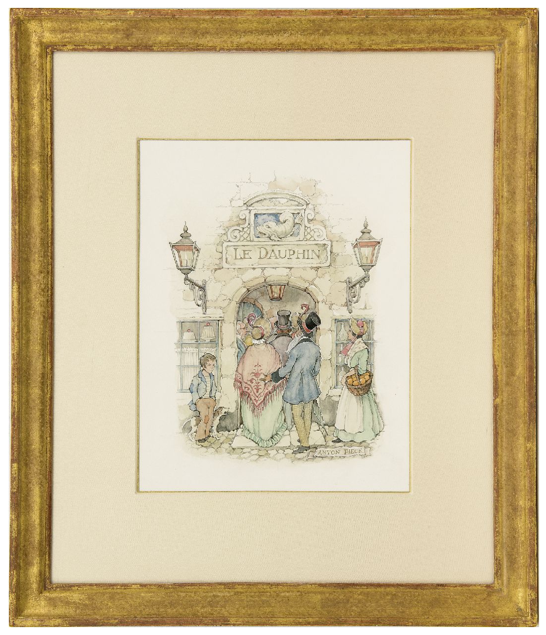 Pieck A.F.  | 'Anton' Franciscus Pieck, Deftig gezelschap bij het betreden van 'Le Dauphin', potlood en aquarel op papier 29,7 x 23,0 cm, gesigneerd rechtsonder