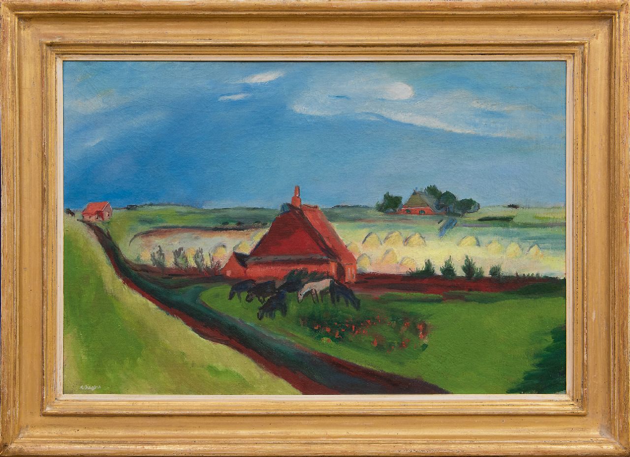 Wiegers J.  | Jan Wiegers | Schilderijen te koop aangeboden | Polderlandschap met zeedijk, Groningen, wasverf op doek 53,0 x 80,3 cm, gesigneerd linksonder en te dateren ca. 1930-1933