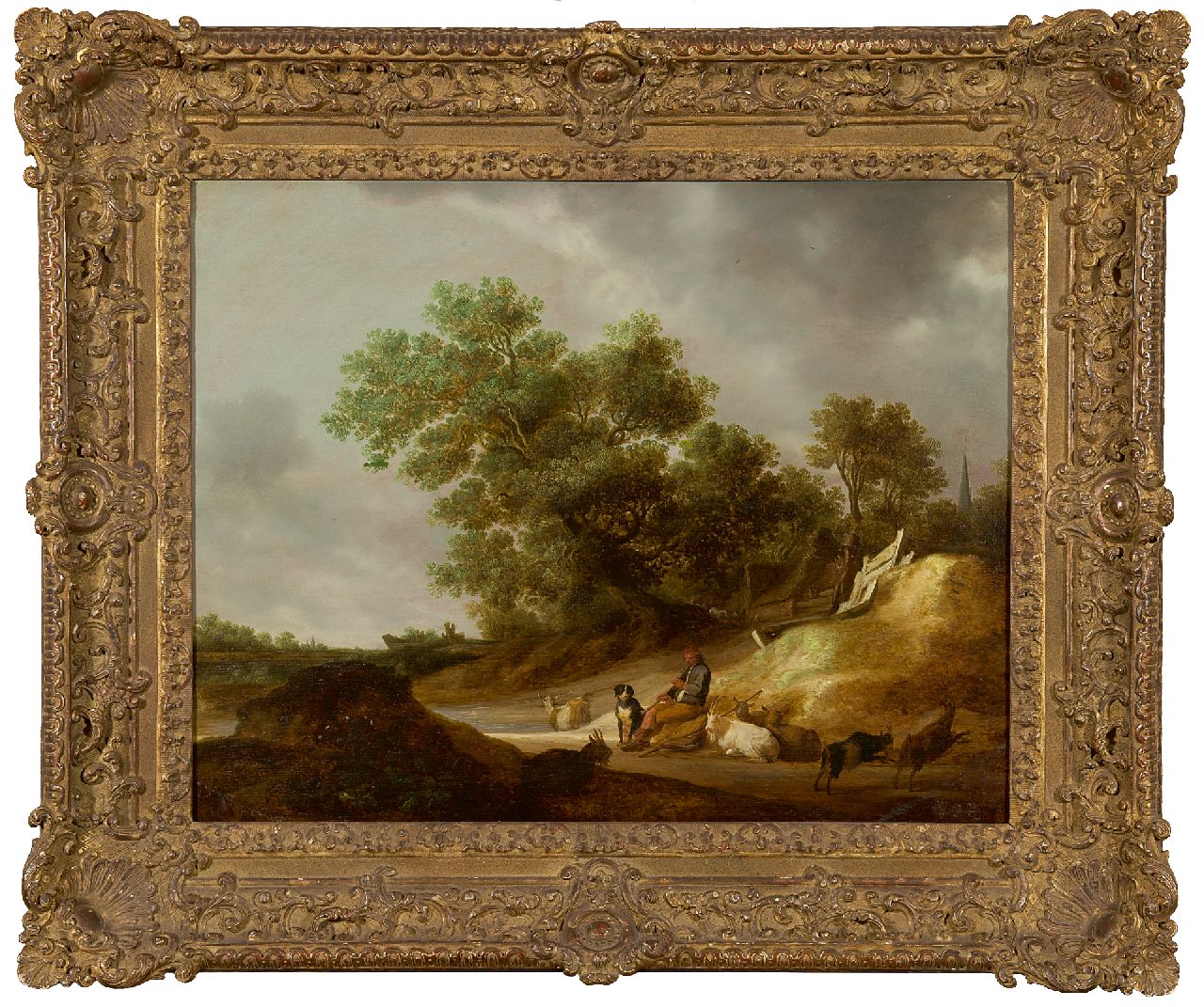 Hulst F. de | Frans de Hulst, Herder met fluit in een landschap, olieverf op paneel 54,0 x 69,0 cm, gesigneerd linksonder