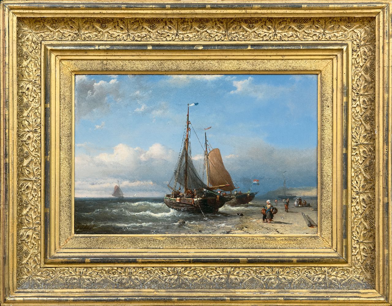 Rust J.A.  | Johan 'Adolph' Rust | Schilderijen te koop aangeboden | Pinken voor anker op het strand, olieverf op paneel 24,3 x 36,6 cm, gesigneerd linksonder