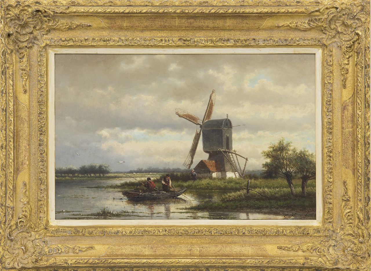 Heerebaart G.  | Georgius Heerebaart | Schilderijen te koop aangeboden | Vissers bij een molen in een plassenlandschap, olieverf op paneel 26,4 x 40,8 cm, gesigneerd rechtsonder