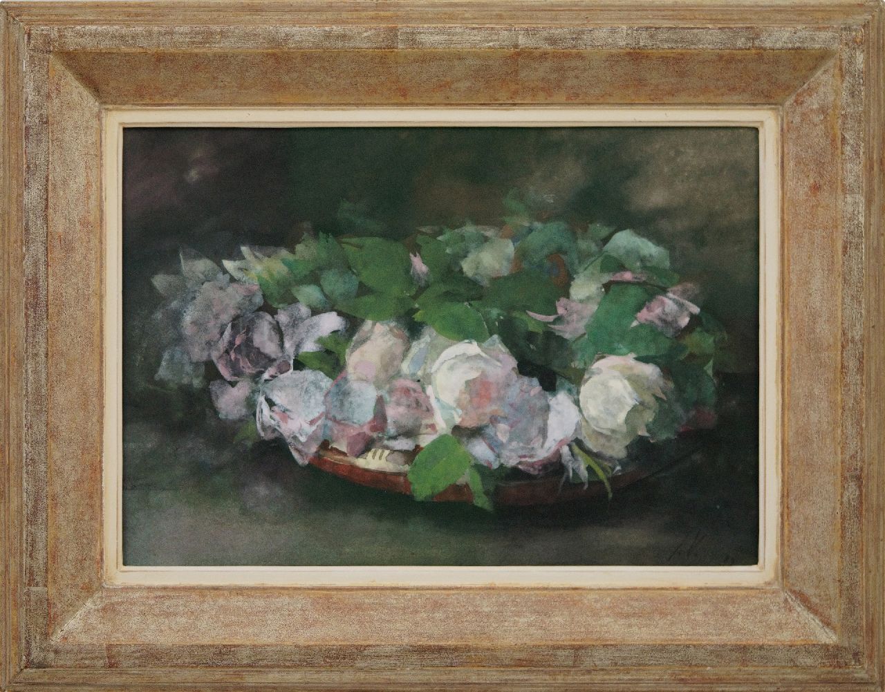 Voerman sr. J.  | Jan Voerman sr., 'La France'- rozen in aardewerken schaal, aquarel op papier 30,0 x 44,0 cm, gesigneerd rechtsonder met initialen en gedateerd '89
