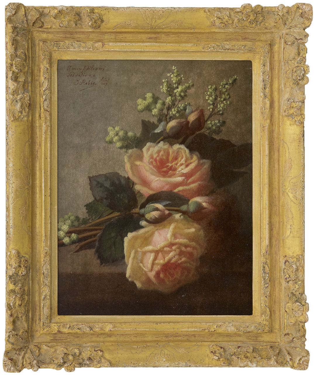 Robie J.B.  | Jean-Baptiste Robie | Schilderijen te koop aangeboden | Rozen op een plint, olieverf op paneel 36,3 x 27,0 cm, gesigneerd linksboven en gedateerd 'Août 1907'