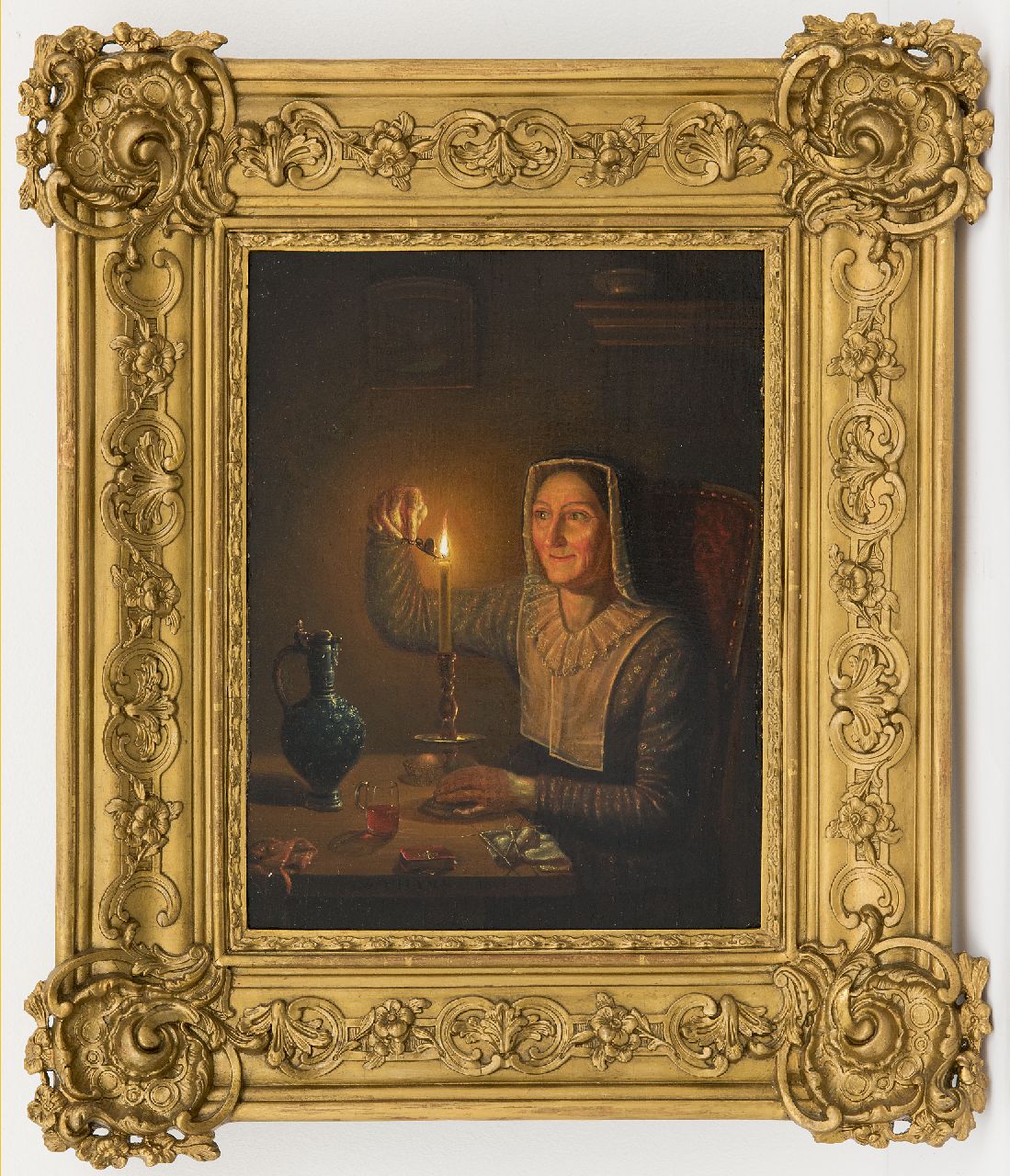 Thans W. | Willem Thans | Schilderijen te koop aangeboden | Vrouw met kaars, olieverf op paneel 29,7 x 22,4 cm, gesigneerd middenonder op de tafelrand en gedateerd 1850 Thans W. | Willem Thans | Schilderijen te koop aangeboden | Vrouw met kaars, olieverf op paneel 29,7 x 22,4 cm, gesigneerd middenonder op de tafelrand en gedateerd 1850