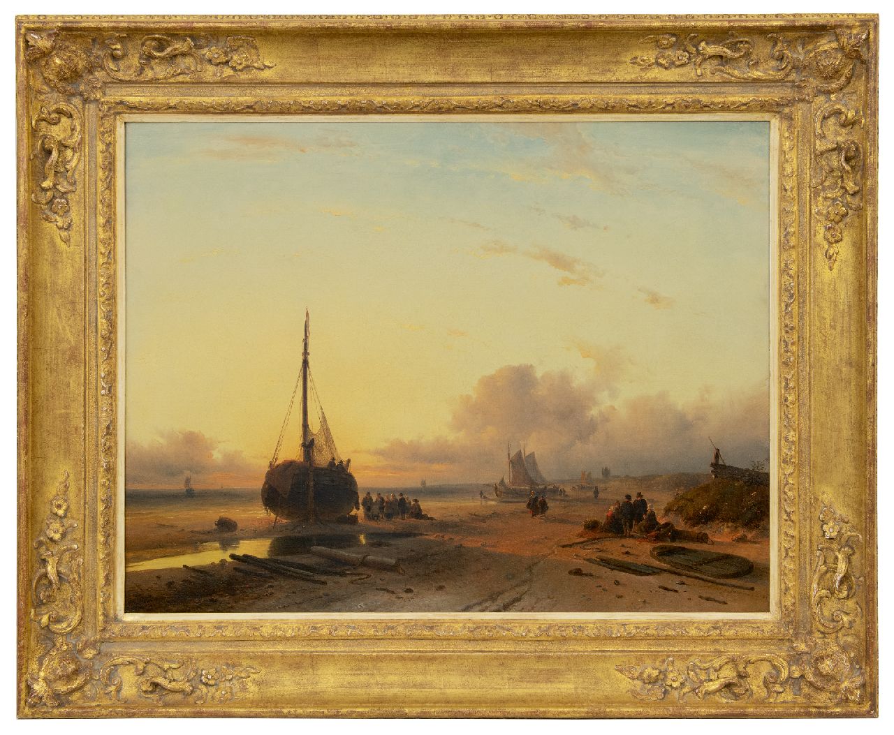 Leickert C.H.J.  | 'Charles' Henri Joseph Leickert, Bomschuiten op het strand bij ondergaande zon, olieverf op doek 58,0 x 75,0 cm, gesigneerd rechtsonder en gedateerd 'London' 1845