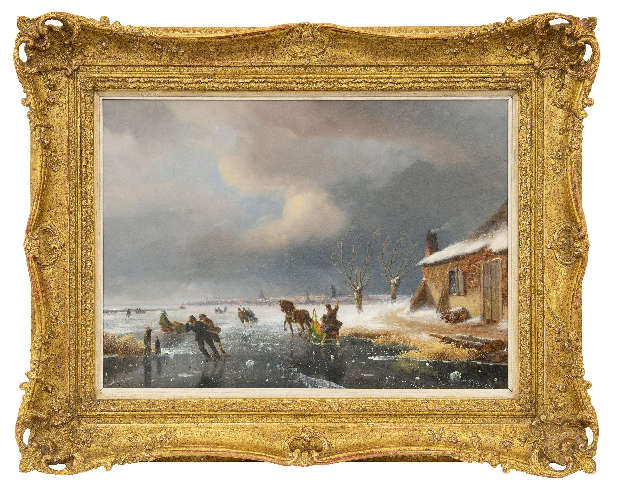 Roosenboom N.J.  | Nicolaas Johannes Roosenboom | Schilderijen te koop aangeboden | Schaatsers op een bevroren rivier met een stad in de verte, olieverf op paneel 36,1 x 50,0 cm, gesigneerd rechtsonder