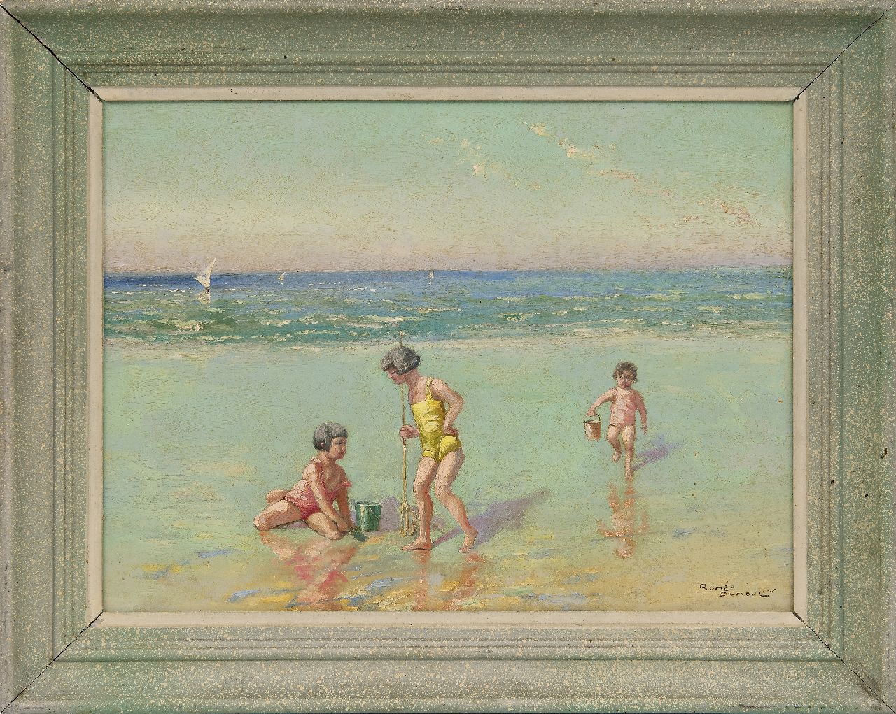 Dumoulin R.  | Roméo Dumoulin, Kinderen op het strand, olieverf op schildersboard 30,7 x 40,9 cm, gesigneerd rechtsonder