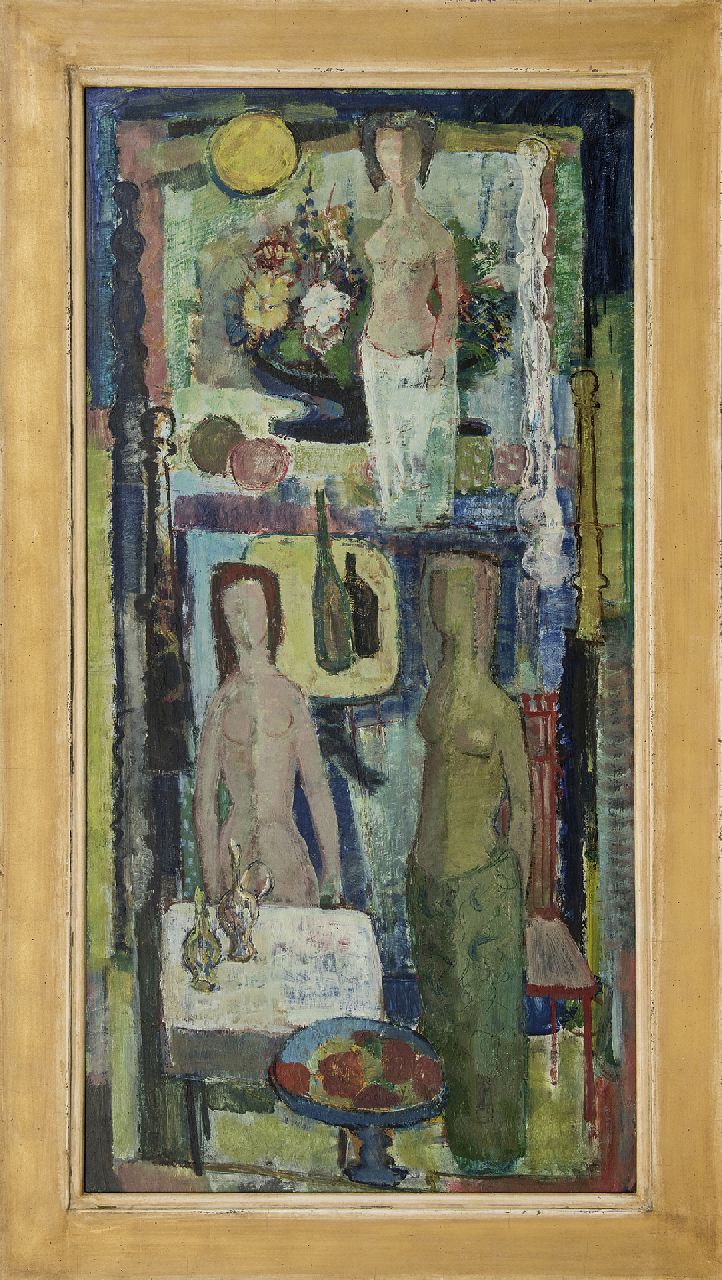 Goené M.A.G.  | Marinus Adrianus George 'Rien' Goené, Interieur met figuren, olieverf op schildersboard 122,1 x 60,8 cm, gesigneerd verso