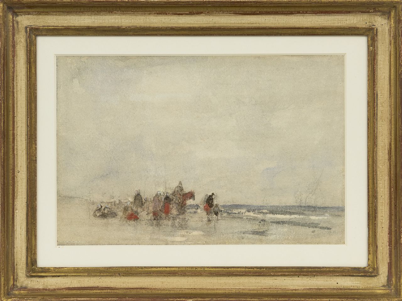 Maris J.H.  | Jacobus Hendricus 'Jacob' Maris, Strand met wachtende vissersvrouwen rondom de lijnhaler, krijt en aquarel op papier 21,0 x 28,7 cm