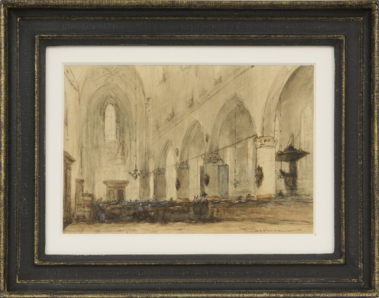 Bosboom J.  | Johannes Bosboom, Kerkinterieur, aquarel op papier 13,0 x 19,2 cm, gesigneerd rechtsonder