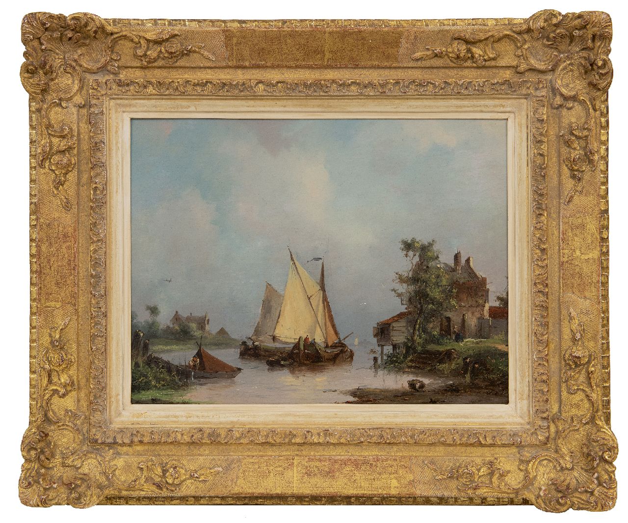 Hilleveld A.D.  | Adrianus David Hilleveld | Schilderijen te koop aangeboden | Zeilschepen op een rivier, olieverf op paneel 24,8 x 32,3 cm