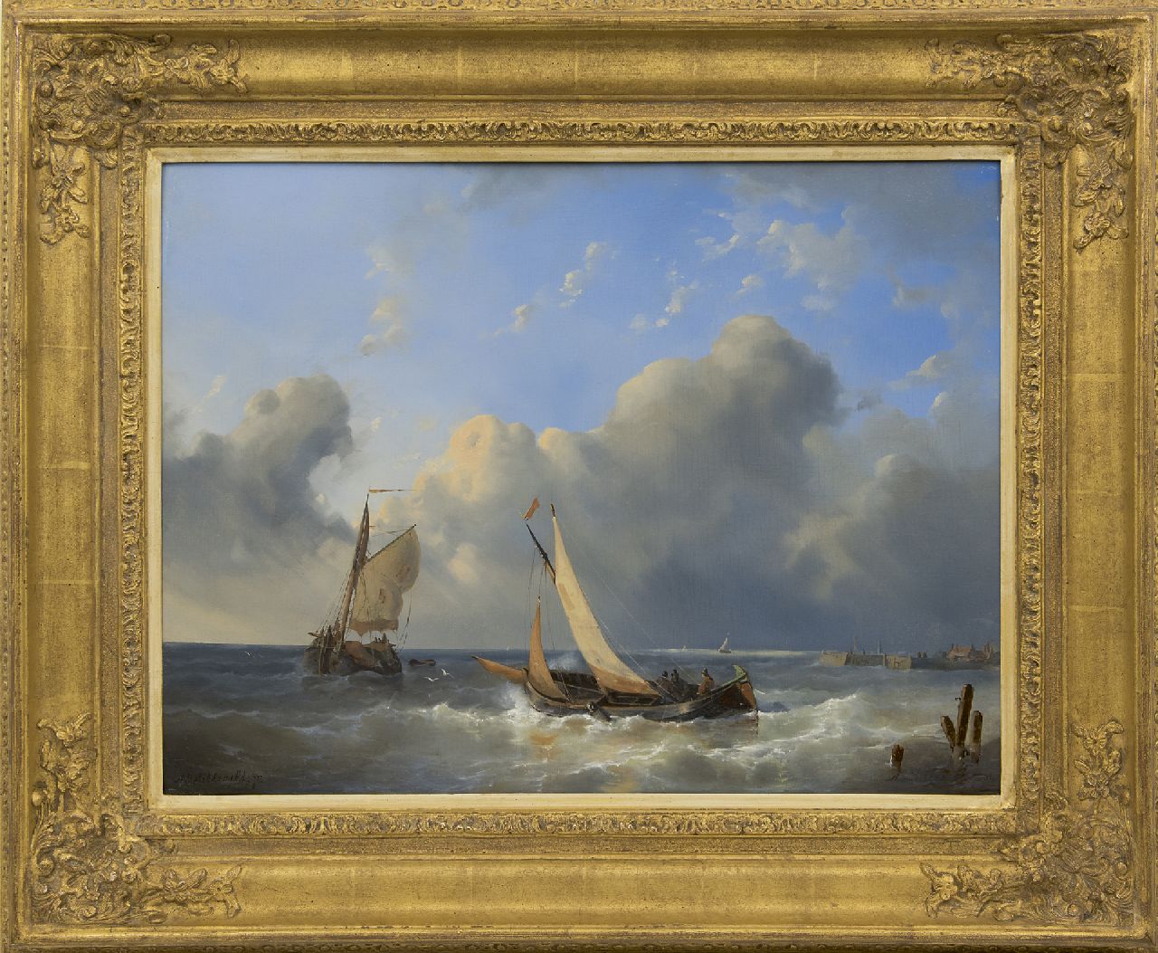Hilleveld A.D.  | Adrianus David Hilleveld | Schilderijen te koop aangeboden | Laverende zeilschepen voor een haveningang, olieverf op paneel 42,5 x 56,5 cm, gesigneerd linksonder en rechtsonder en gedateerd '54