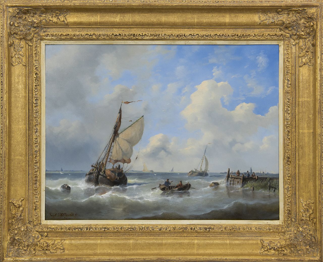 Hilleveld A.D.  | Adrianus David Hilleveld | Schilderijen te koop aangeboden | Zeilschepen bij een havenhoofd, olieverf op paneel 43,1 x 56,5 cm, gesigneerd linksonder en gedateerd '54