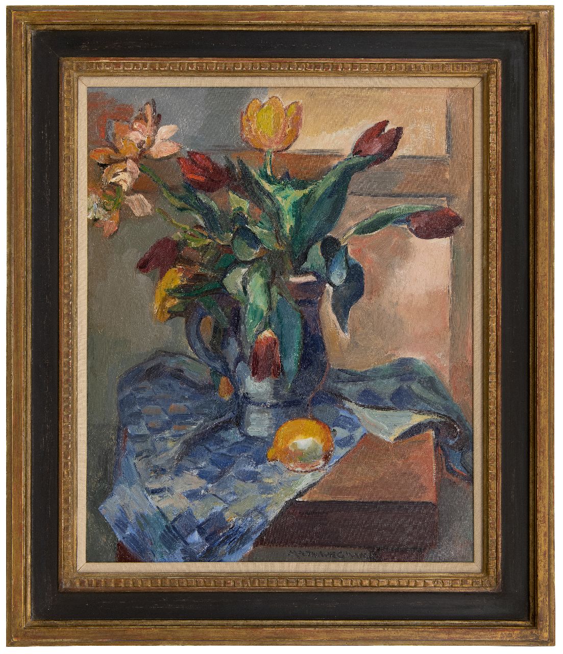 Wiegman M.J.M.  | Mattheus Johannes Marie 'Matthieu' Wiegman | Schilderijen te koop aangeboden | Stilleven met tulpen en een citroen, olieverf op doek 61,4 x 50,1 cm, gesigneerd middenonder