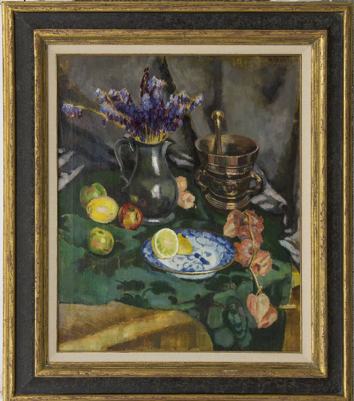 Santen A.J. van | Anna Jacoba 'Hans' van Santen, Stilleven met bloemen, citroen en vijzel, olieverf op doek 62,0 x 75,0 cm, gesigneerd rechtsboven