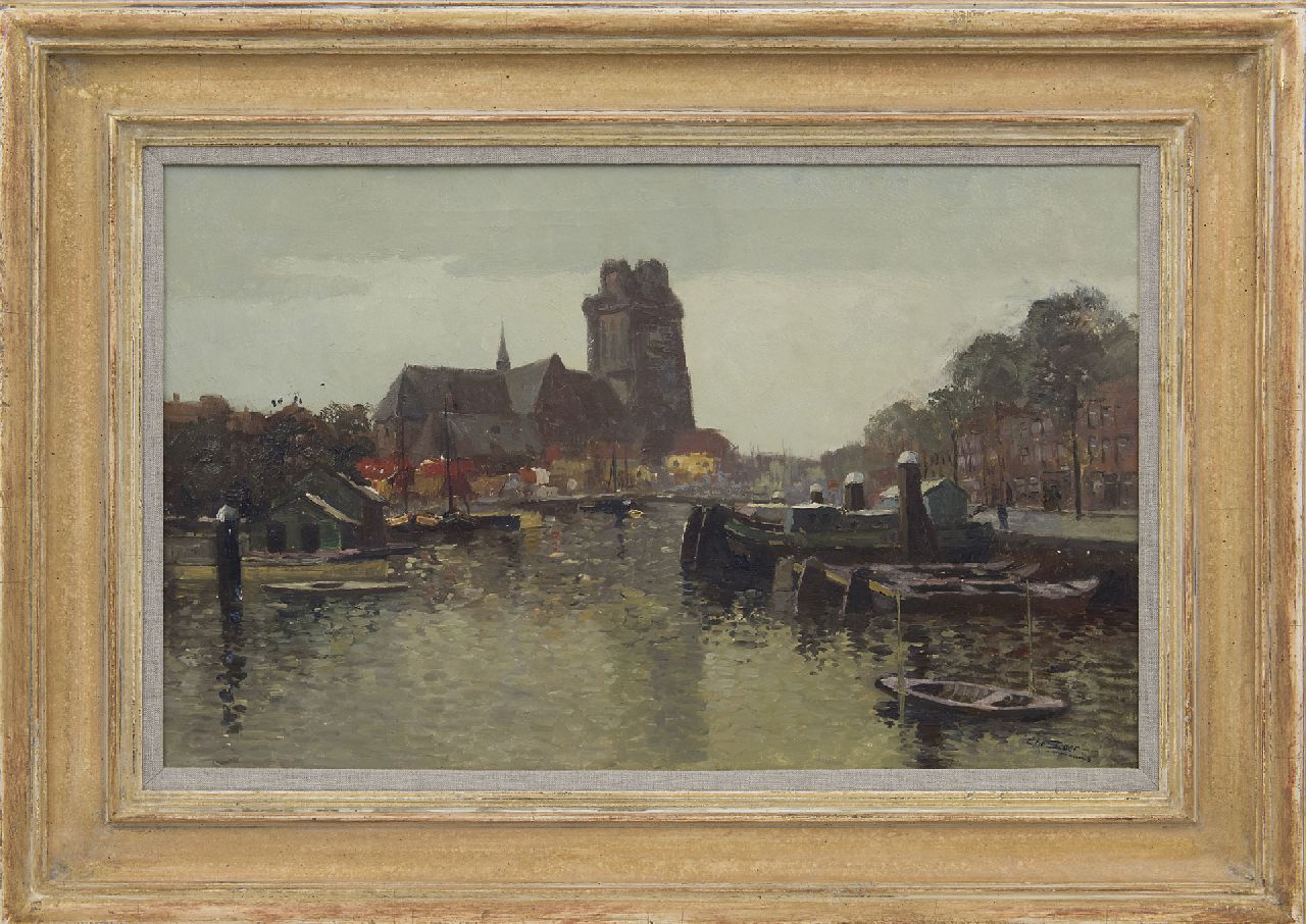 Soer C.  | Christiaan 'Chris' Soer, De Nieuwe Haven met de Grote Kerk, Dordrecht, olieverf op doek 38,5 x 60,5 cm, gesigneerd rechtsonder