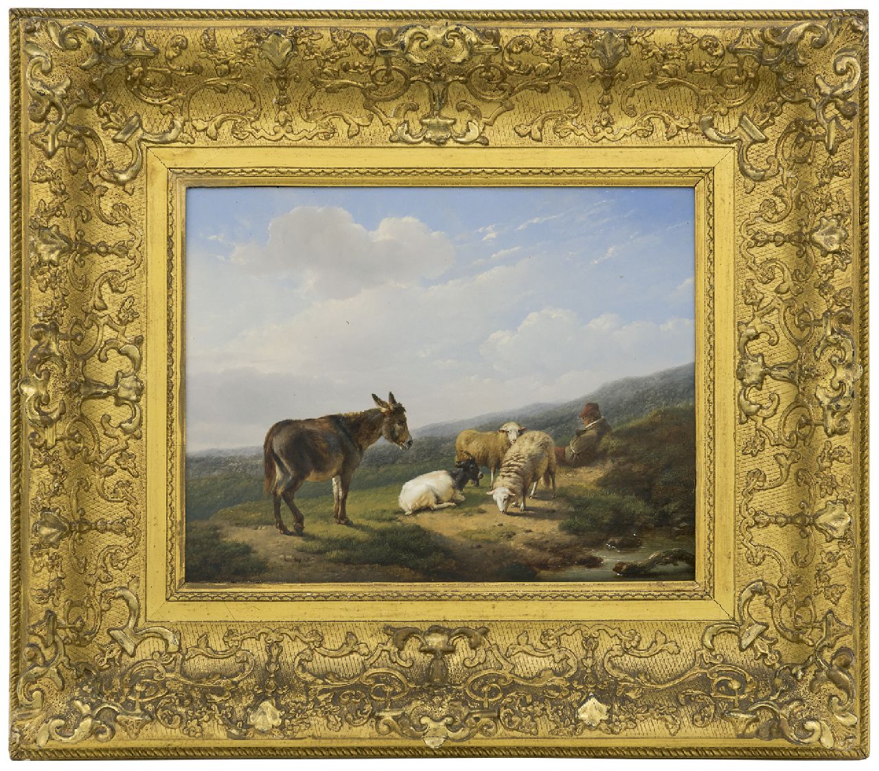 Verboeckhoven E.J.  | Eugène Joseph Verboeckhoven | Schilderijen te koop aangeboden | Rustende herder met schapen, bok en ezel, olieverf op paneel 24,7 x 32,2 cm, gesigneerd linksonder