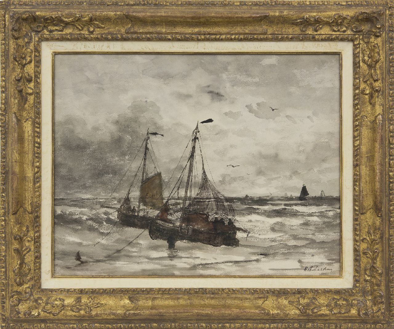 Mesdag H.W.  | Hendrik Willem Mesdag, Scheveningse vissersschuiten voor anker in de branding, aquarel op papier 45,0 x 57,7 cm, gesigneerd rechtsonder