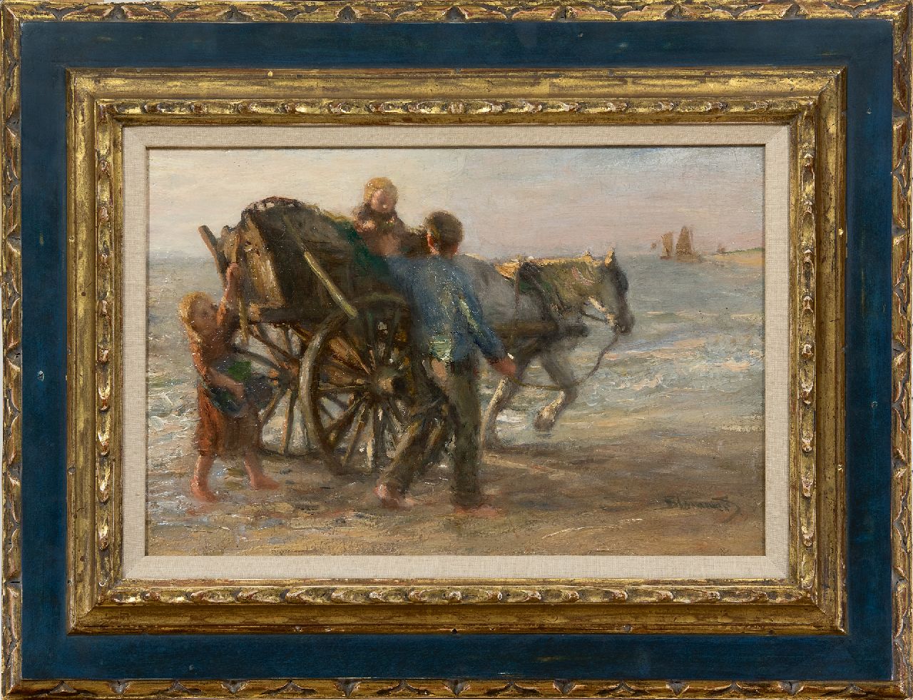 Blommers B.J.  | Bernardus Johannes Blommers, Schelpenvisser met zijn kinderen op het strand, olieverf op doek 28,3 x 42,0 cm, gesigneerd rechtsonder