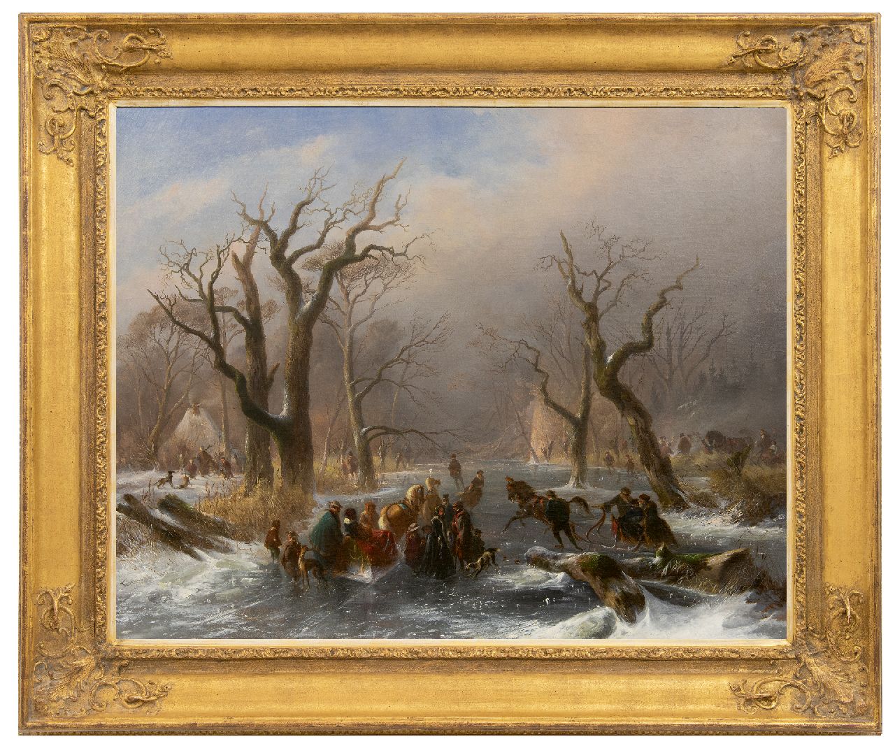 Tavenraat J.  | Johannes Tavenraat, Schaatsers en arrenslede op een bevroren bosbeek bij Kleef, olieverf op doek 76,1 x 94,2 cm, gesigneerd linksonder en gedateerd 1857
