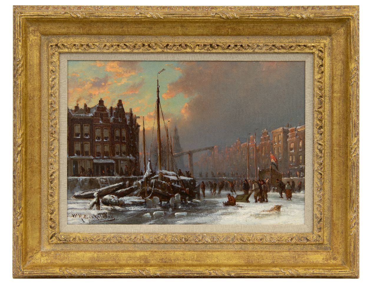 Eickelberg W.H.  | Willem Hendrik Eickelberg | Schilderijen te koop aangeboden | IJsvertier op Amsterdamse gracht, olieverf op paneel 26,8 x 38,2 cm, gesigneerd linksonder en te dateren na 1904