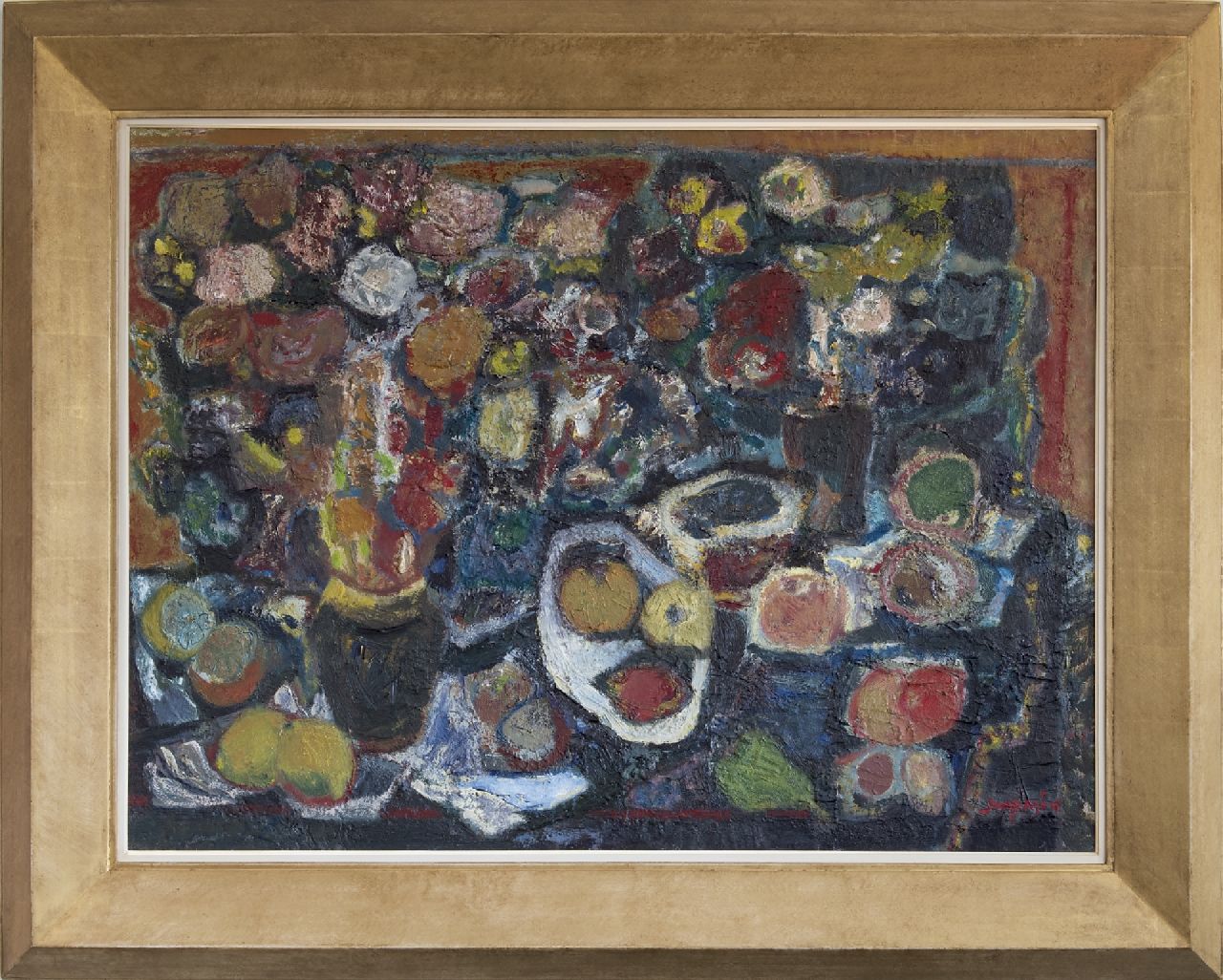 Min J.  | Jacob 'Jaap' Min | Schilderijen te koop aangeboden | Stilleven met fruit en bloemen, olieverf op doek 75,0 x 100,0 cm, gesigneerd rechtsonder