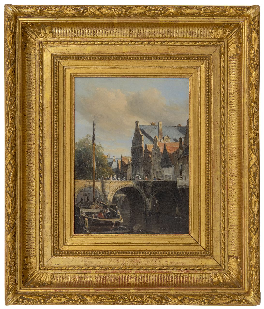 Waldorp A.  | Antonie Waldorp | Schilderijen te koop aangeboden | Stadsgracht met afgemeerde botter, olieverf op paneel 29,8 x 22,0 cm, gesigneerd linksonder op achtersteven van het schip