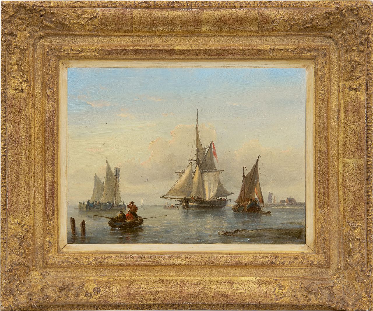 Opdenhoff G.W.  | Witzel 'George Willem' Opdenhoff, Zeilschepen op een windstille dag voor de kust, olieverf op paneel 20,8 x 28,4 cm, gesigneerd rechtsonder