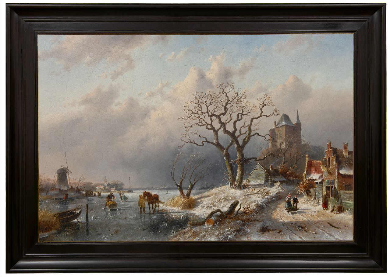 Leickert C.H.J.  | 'Charles' Henri Joseph Leickert, Winterlandschap met schaatsers en landvolk op een pad, olieverf op doek 80,0 x 120,8 cm, gesigneerd linksonder