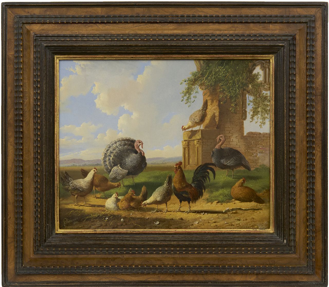 Verhoesen A.  | Albertus Verhoesen | Schilderijen te koop aangeboden | Kalkoenen en pluimvee in een landschap, olieverf op paneel 30,5 x 37,6 cm, gesigneerd linksonder en gedateerd 1870