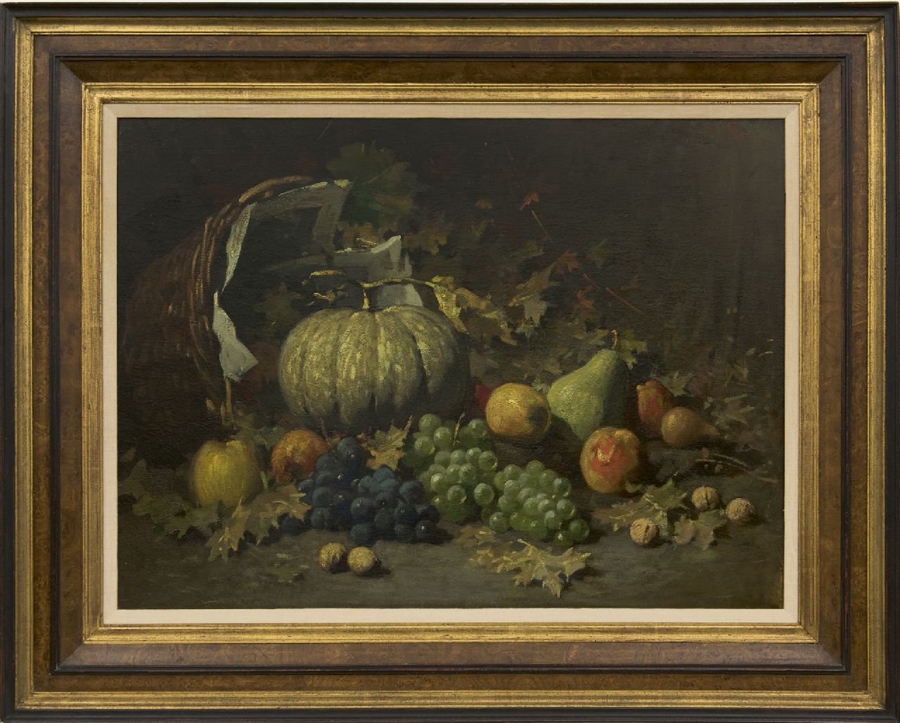 Kriens O.G.A.  | 'Otto' Gustav Adolf Kriens | Schilderijen te koop aangeboden | Vruchten in een mand op de bosgrond, olieverf op doek 54,4 x 73,0 cm, gesigneerd rechtsboven