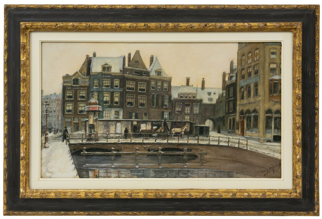 Jongh M.J. de | Martinus Johannes 'Tinus' de Jongh, Winters gezicht op het Rokin met het Beurspoortje, Amsterdam, aquarel op papier 34,6 x 61,0 cm, gesigneerd rechtsonder en te dateren ca. 1910