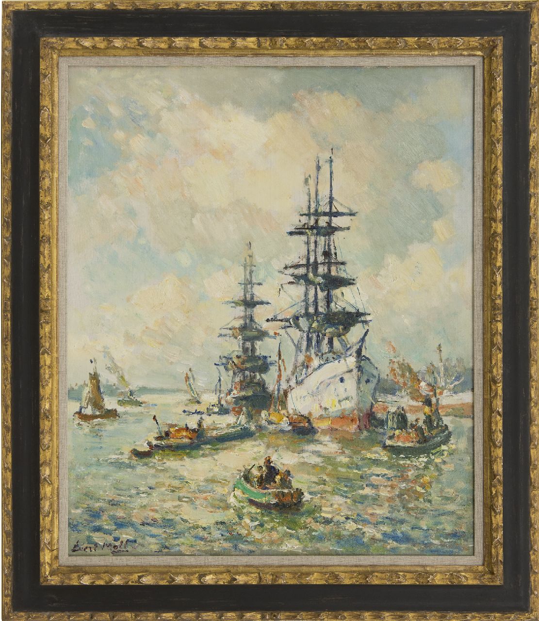 Moll E.  | Evert Moll | Schilderijen te koop aangeboden | Driemasters in de Rotterdamse haven, olieverf op doek 60,2 x 50,2 cm, gesigneerd linksonder