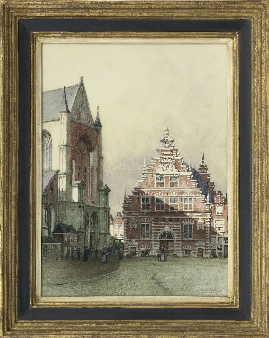 Klinkenberg J.C.K.  | Johannes Christiaan Karel Klinkenberg, De Grote Markt met de Vleeshal in Haarlem, aquarel op papier 46,0 x 34,0 cm, gesigneerd rechtsonder
