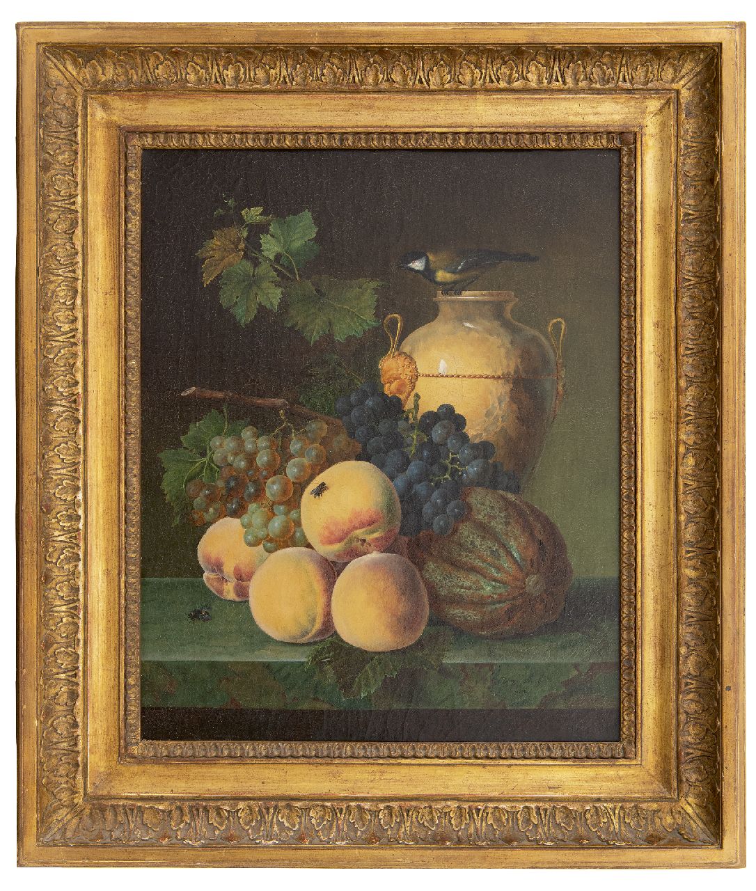 Génin O.M.  | Olympe Mouette Génin | Schilderijen te koop aangeboden | Stilleven met perziken, kruik en vogeltje, olieverf op doek 49,0 x 39,9 cm, gesigneerd rechtsonder en gedateerd 1818