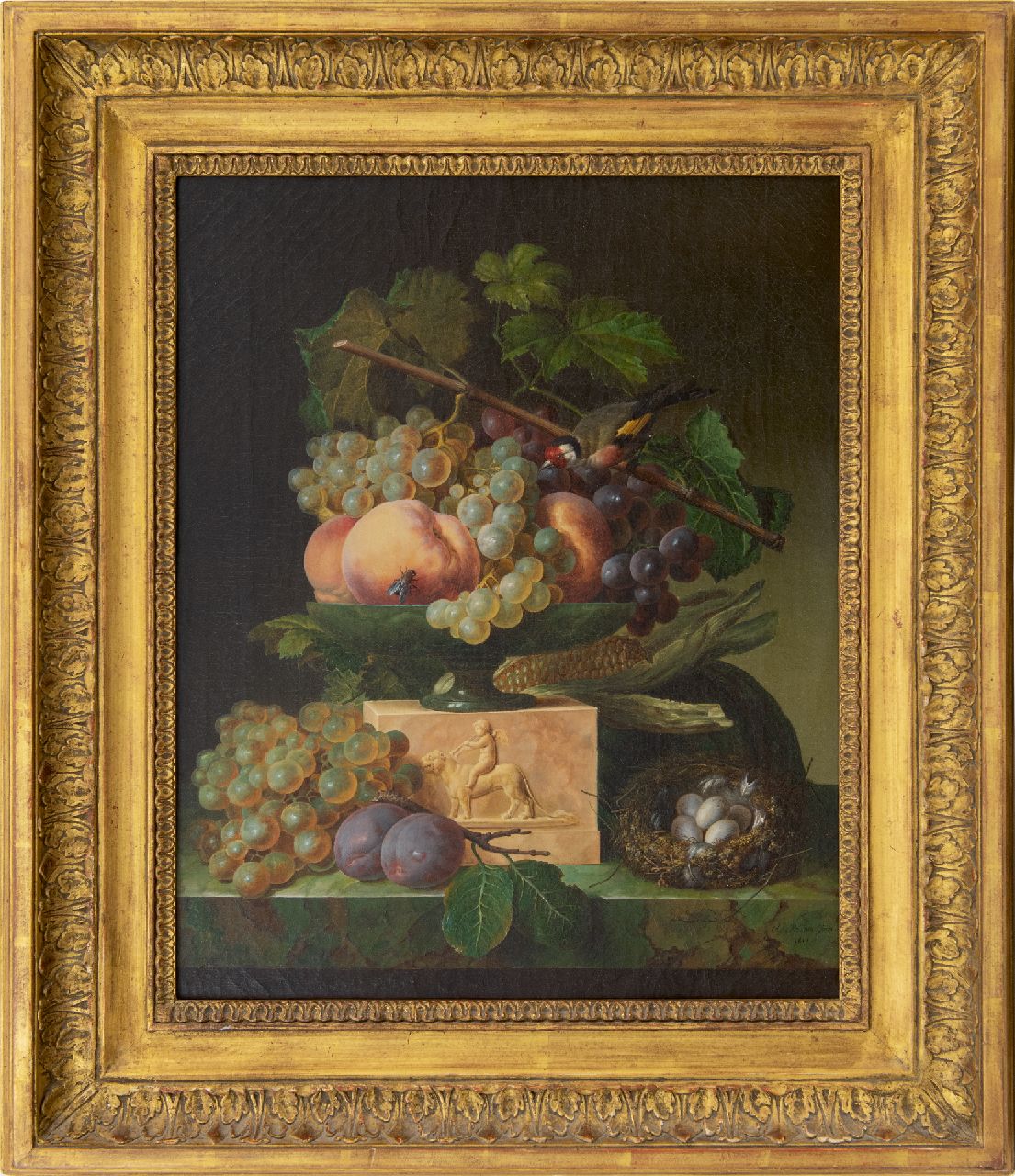 Génin O.M.  | Olympe Mouette Génin | Schilderijen te koop aangeboden | Stilleven met druiven, een vogelnestje en een puttertje, olieverf op doek 49,2 x 39,8 cm, gesigneerd rechtsonder en gedateerd 1819