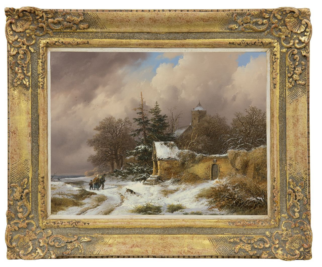 Haanen R.A.  | Remigius Adrianus Haanen | Schilderijen te koop aangeboden | Winterlandschap met landvolk op een pad, olieverf op doek 36,3 x 49,3 cm, gesigneerd linksonder en gedateerd 1849