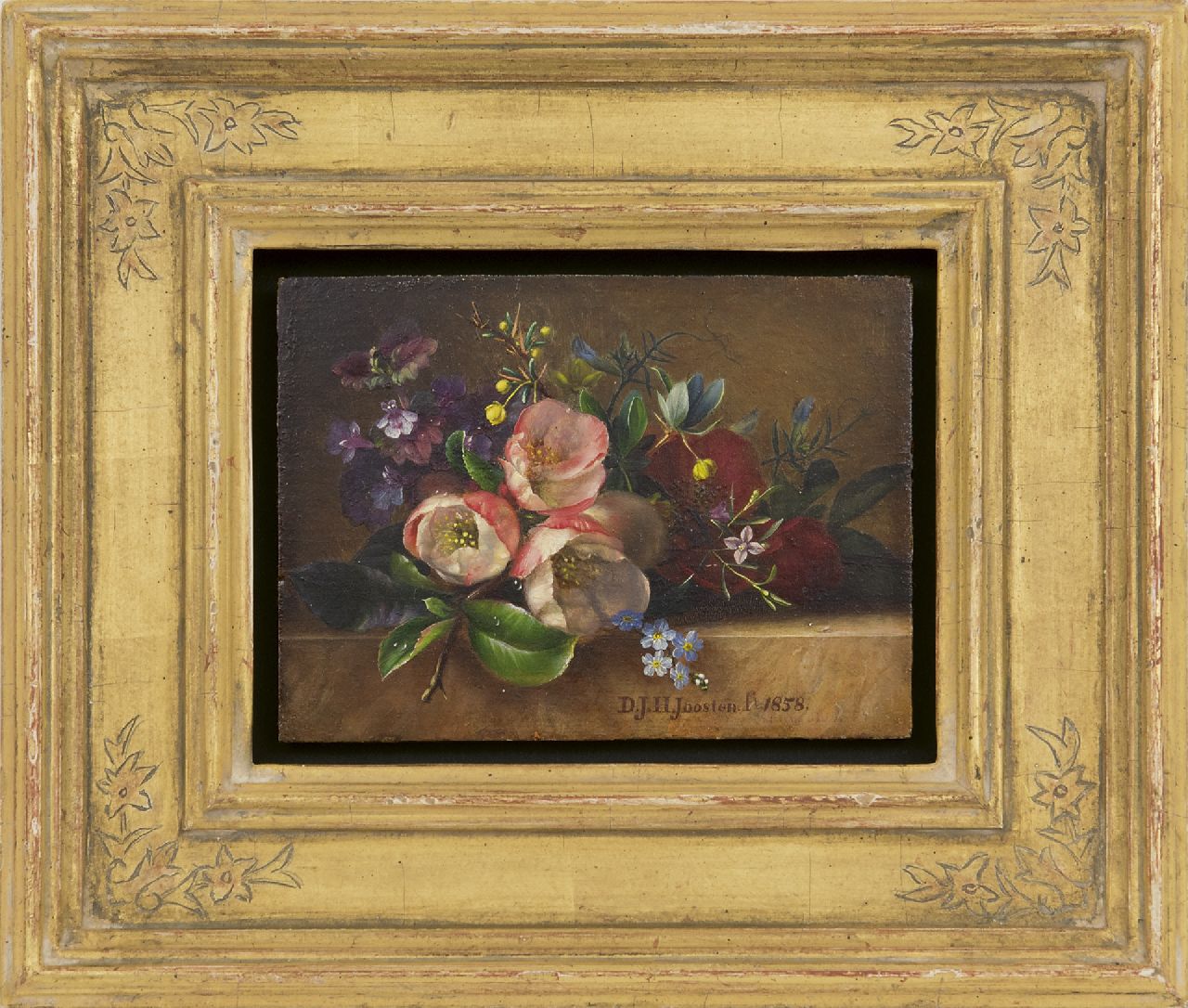 Joosten D.J.H.  | Dirk Jan Hendrik Joosten, Bloemen op een plint, olieverf op paneel 9,5 x 13,0 cm, gesigneerd middenonder en gedateerd 1858