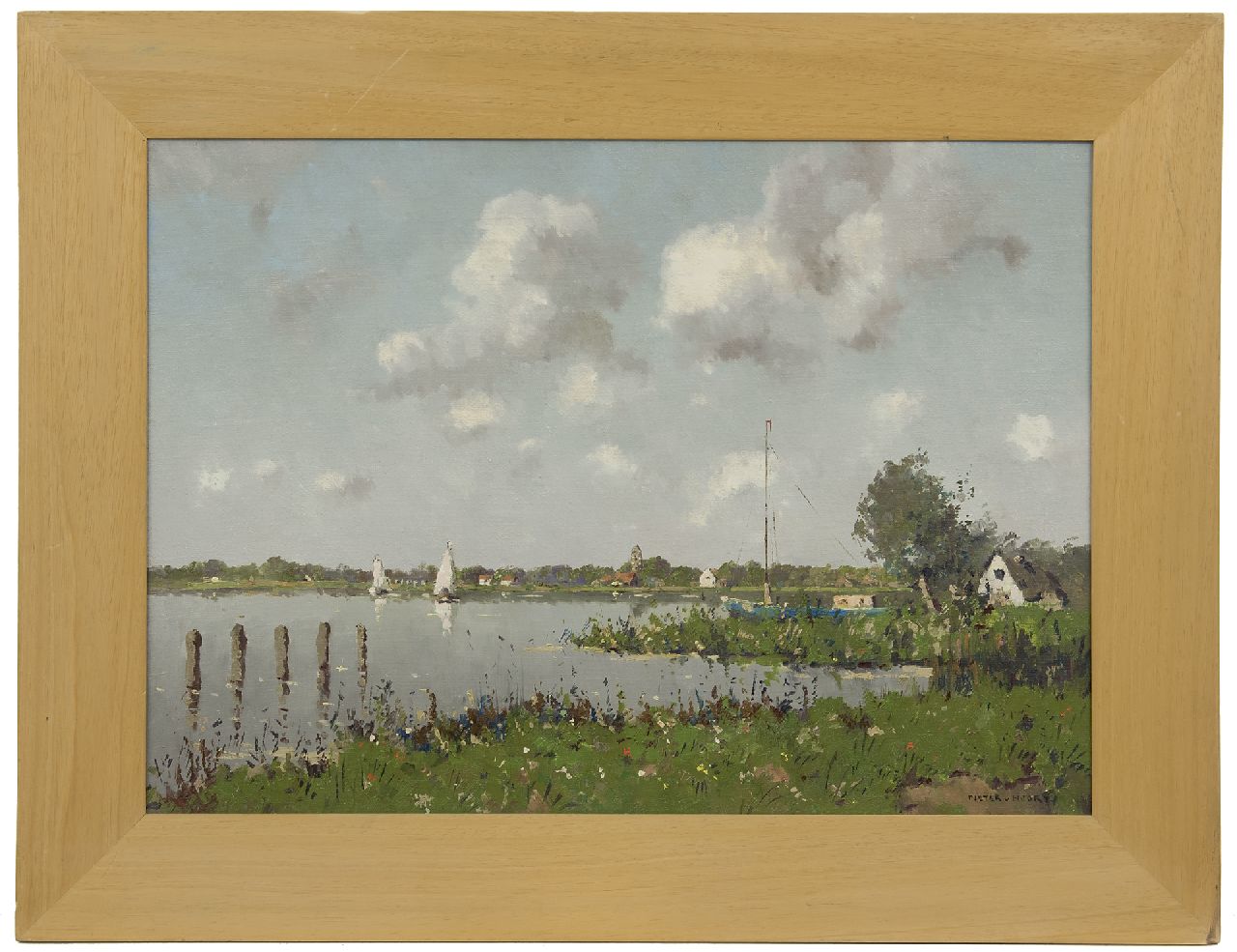 Bruynesteyn N.  | Nicolaas 'Nico' Bruynesteyn, Zeilboten in zomers rivierlandschap, olieverf op doek 51,0 x 70,7 cm, gesigneerd rechtsonder met pseudoniem 'Pieter van Noort' en te dateren ca. 1940