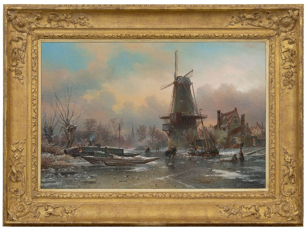 Bommel E.P. van | Elias Pieter van Bommel, Schaatsers op een bevroren dorpsvaart bij een molen, olieverf op doek 50,1 x 76,1 cm, gesigneerd rechtsonder en gedateerd 1870