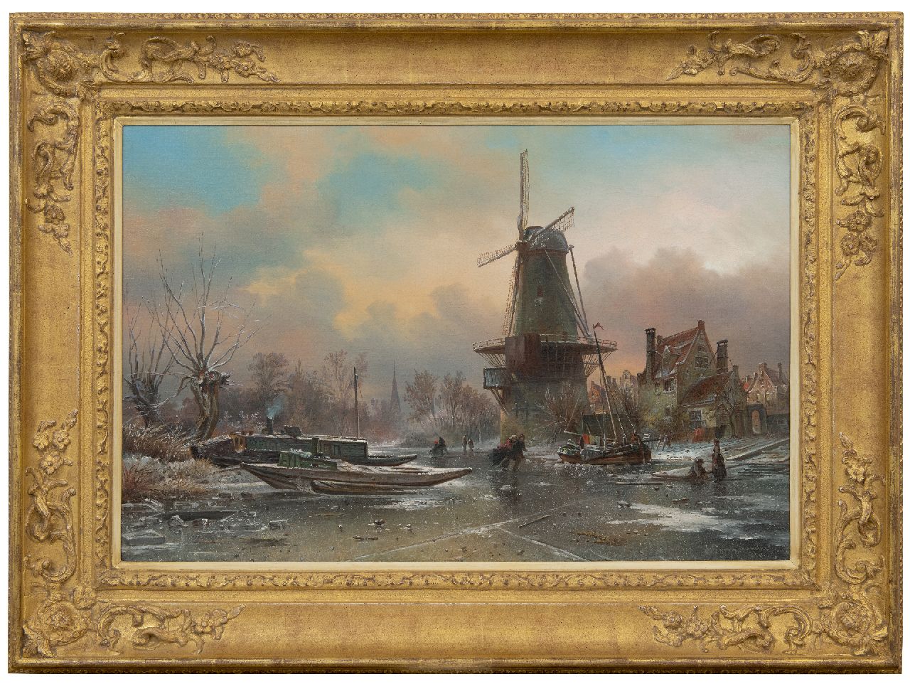 Bommel E.P. van | Elias Pieter van Bommel, Schaatsers op een bevroren dorpsvaart bij een molen, olieverf op doek 50,1 x 76,1 cm, gesigneerd rechtsonder en gedateerd 1870 Bommel E.P. van | Elias Pieter van Bommel, Schaatsers op een bevroren dorpsvaart bij een molen, olieverf op doek 50,1 x 76,1 cm, gesigneerd rechtsonder en gedateerd 1870
