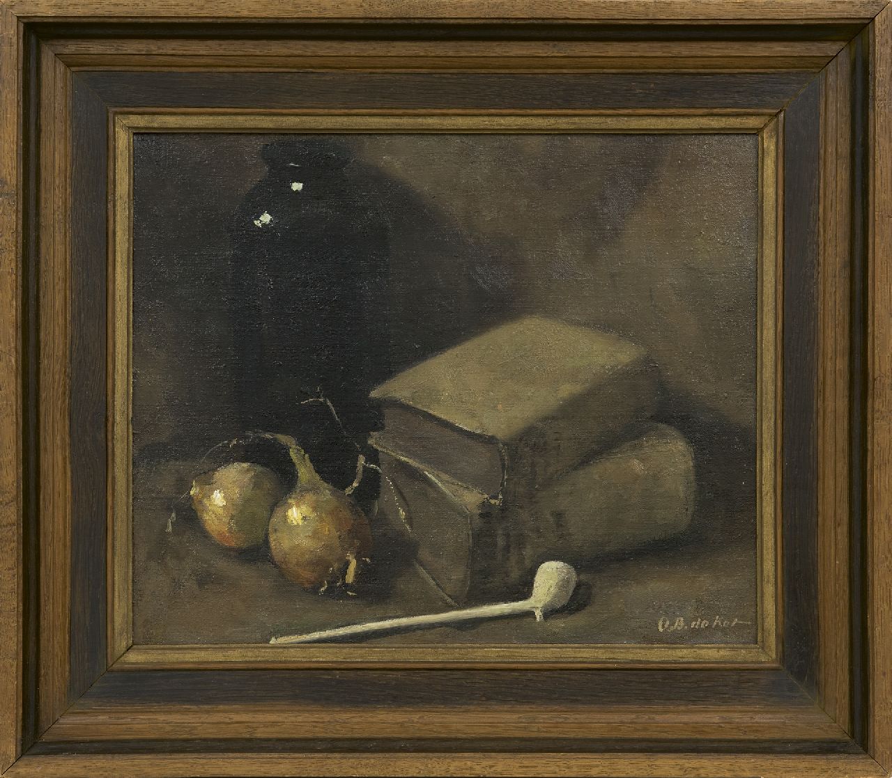 Kat O.B. de | 'Otto' Boudewijn de Kat, Stilleven met boeken, twee uien en een Goudse pijp, olieverf op doek 34,5 x 42,2 cm, gesigneerd rechtsonder
