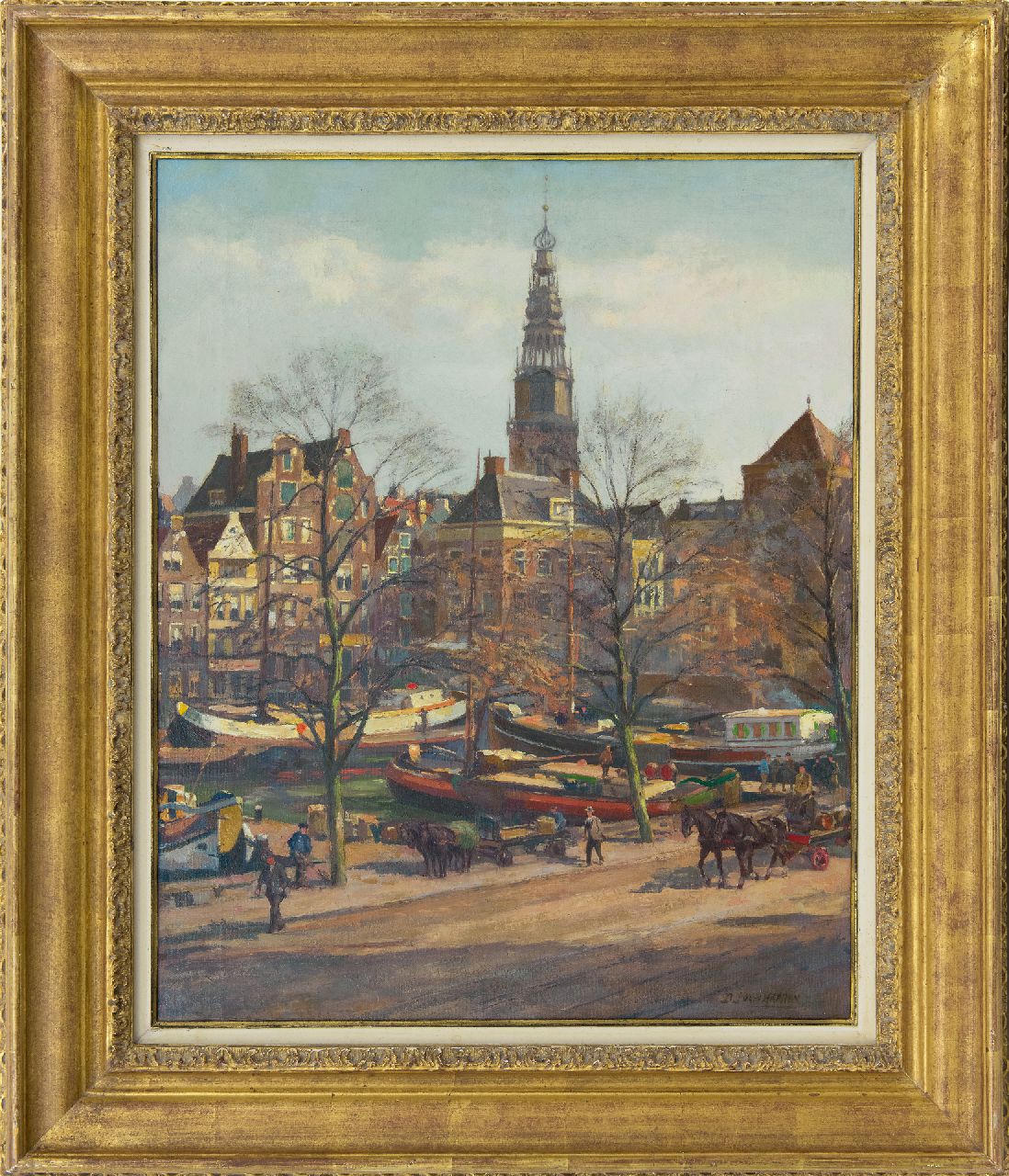 Haaren D.J. van | 'Dirk' Johannes van Haaren | Schilderijen te koop aangeboden | Stadsgezicht van Amsterdam met de Oudekerkstoren, olieverf op doek 58,1 x 47,0 cm, gesigneerd rechtsonder